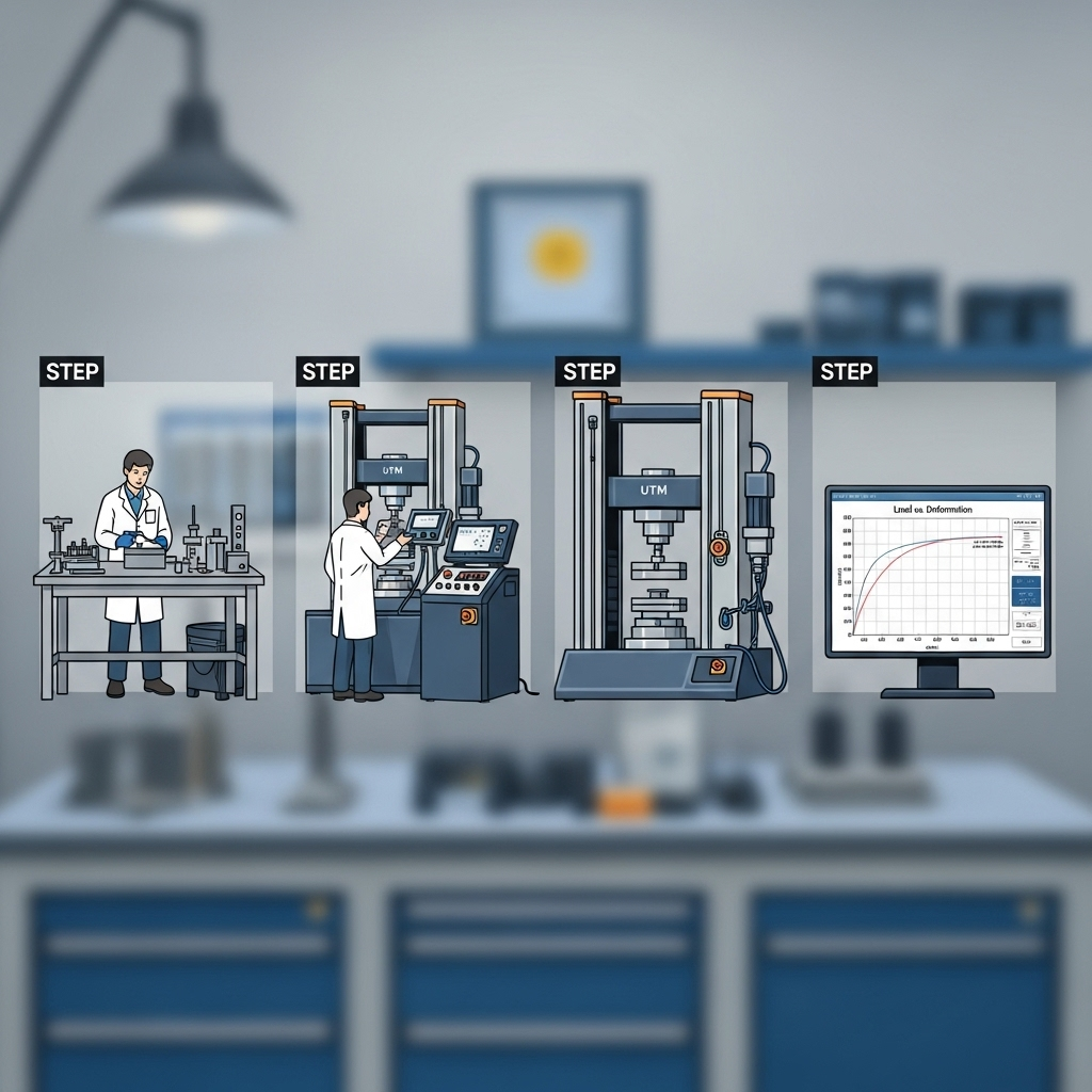 Proses uji material dengan UTM hingga grafik hasil.