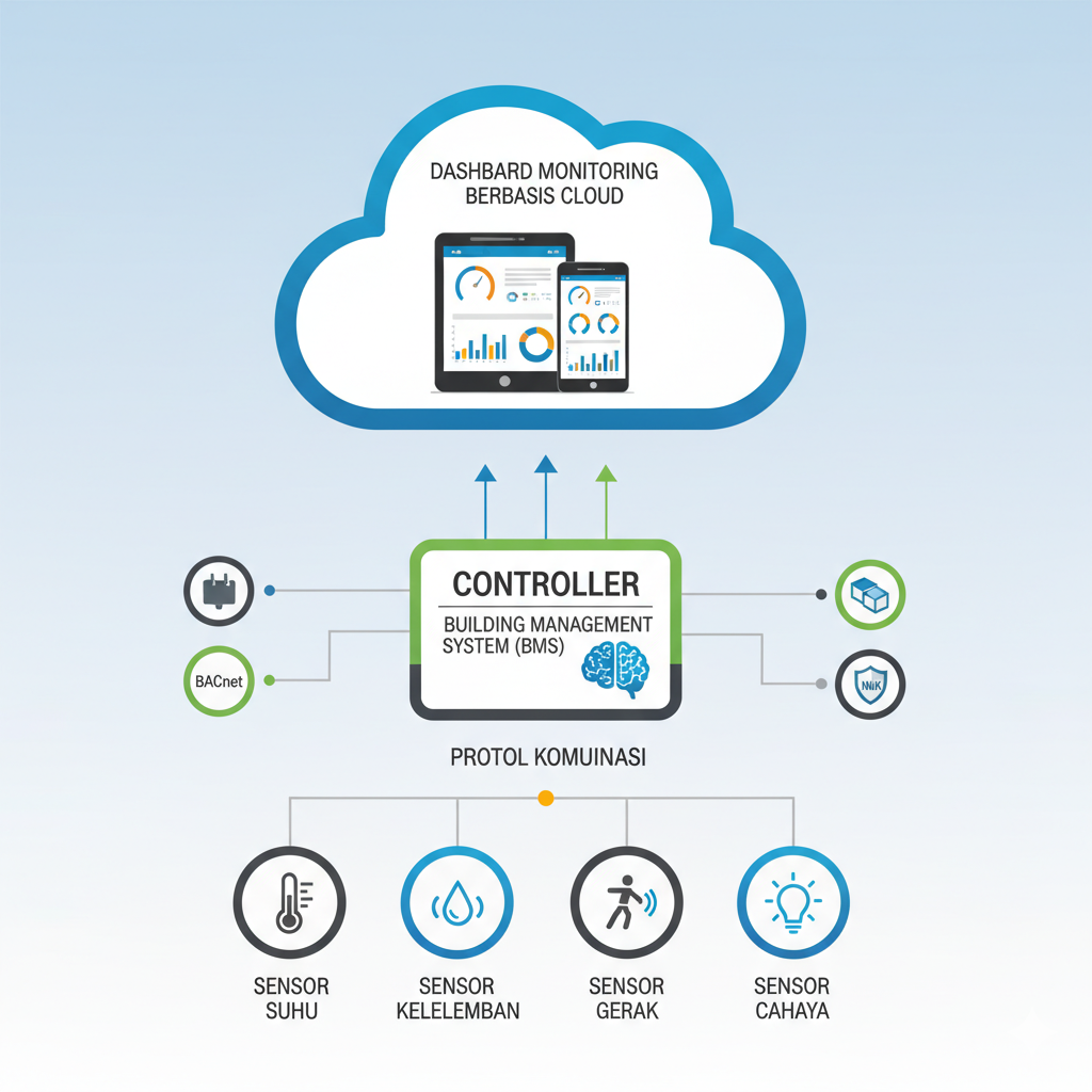 Infografis modern arsitektur Building Automation System (BAS) dengan sensor, controller, protokol komunikasi, dan cloud monitoring.