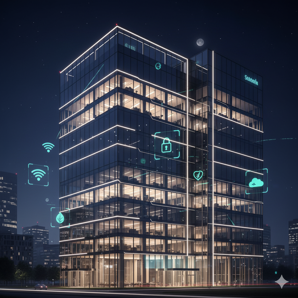 Foto realistis gedung pintar modern di malam hari dengan pencahayaan otomatis, ikon IoT, dan suasana futuristik yang hemat energi.